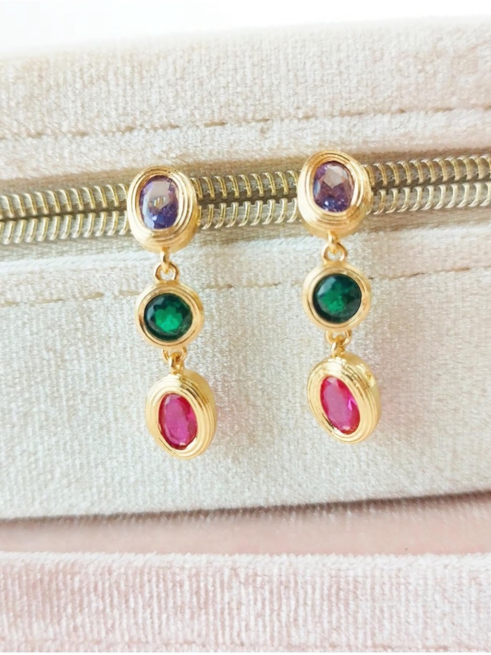 Sterling 925 Gold vermeil Drop Earrings with amethyst ; emerald and Ruby Stones - Picture 6 of 8